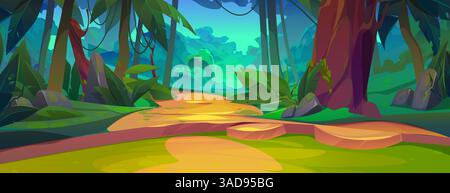 Sentiero della giungla tropicale - lussureggiante foresta verde con alberi, rocce e fitto fogliame - illustrazione vettoriale Illustrazione Vettoriale