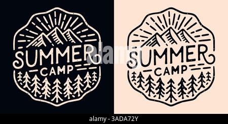 Scritta Summer camp logo emblema campeggio stemma camper patch foresta di montagna disegno vintage vintage camicia scout gita scolastica. Illustrazione Vettoriale