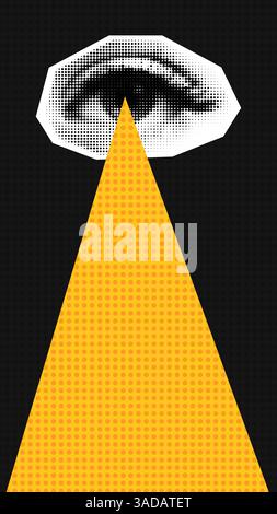 Un surreale occhio in stile mezzitoni che risplende un'audace luce gialla, creando una composizione accattivante e concettuale su uno sfondo scuro. . Illustrazione Vettoriale