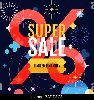 Modello di design banner Super sale. Illustrazione piatta astratta colorata vettoriale con simbolo percentuale e forme geometriche. Buono sconto alla moda, l Illustrazione Vettoriale