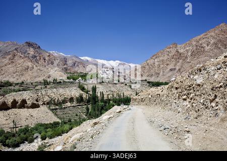 Strada di montagna polverosa che conduce al monastero di Likir, adagiata tra campi fiancheggiati da pioppi e pendii secchi dell'Himalaya nel Ladakh, nel nord dell'India. Foto Stock