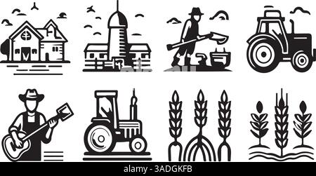 Set di icone grafica linee monocromatiche vettoriali per agricoltura Illustrazione Vettoriale