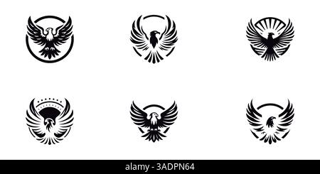 Potente set di design Eagle. Black and White Eagle. Set di illustrazioni Clean Eagle. Wings of Freedom. Illustrazione Vettoriale