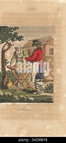 Venditore di torte a San Pietroburgo, Russia. L'uomo barbuto in cappello, giacca, grembiule e ghette regala una torta. Una contadina sta dietro il tavolo. Russia. Dopo un'illustrazione di Jacques Grasset de Saint-Sauveur. Incisione in rame colorata a mano da Choix de Voyages les Plus Interessants dans Diverses Parties du Monde, chez Philippe, Parigi, 1831. Foto Stock