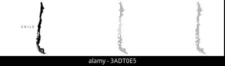 Mappa dettagliata della silhouette del Cile, motivo tratteggiato e motivo con linee parallele inclinate. Mappa stilizzata con texture cilena. Illustrazione vettoriale isolata su bianco Illustrazione Vettoriale
