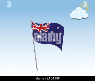 Illustrazione vettoriale realistica delle bandiere dell'Australia. bandiera che sventola nel vento contro un cielo blu Illustrazione Vettoriale