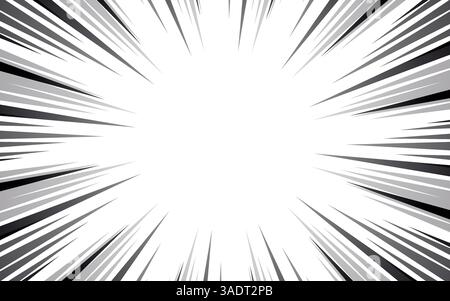 Linee radiali fumetti manga con effetto velocità per fumetti. Sfondo esplosivo bianco e nero. Illustrazione vettoriale Illustrazione Vettoriale