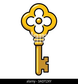 Icona della chiave d'oro vintage. Illustrazione della chiave antica retrò con design piatto. Classica grafica tradizionale isolata su sfondo bianco. Illustrazione Vettoriale