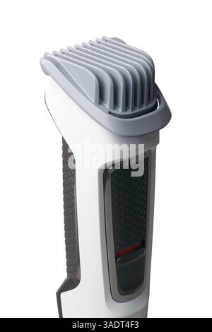 primo piano di regolabarba e rifinitore elettrico su sfondo bianco isolato, dispositivo per rifinire, modellare o tagliare i baffi o i peli del corpo leggeri Foto Stock