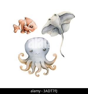 Animali marini. Set di frammenti di pesci di Clown Stingray di polpo bianco isolato. Carine creature oceaniche. Adorabile mondo sottomarino. Acquerello disegnato a mano illustrati Foto Stock