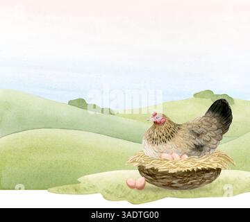 Gallina di pollo sul nido uova da cova con illustrazione ad acquerello della scena rurale. Cortile di pollame che siede per la progettazione di ambienti agricoli. Uccelli realistici Foto Stock