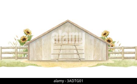 Coop di pollo di fattoria con scaletta di prua e scatole di nidificazione, illustrazione ad acquerello isolata su sfondo bianco. Henhouse in legno con campagna Foto Stock