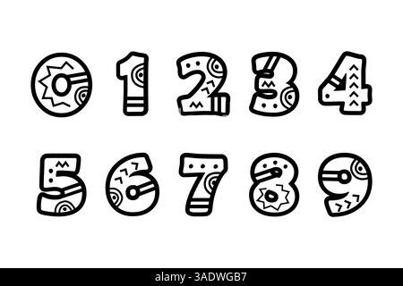 Set di numeri di tribale Vector Hand Drawn Folk, figure 0-9. Segni decorativi del conteggio. Aztechi, scandinavi, numeri. Elementi di disegno tipografici. Illustrazione Vettoriale