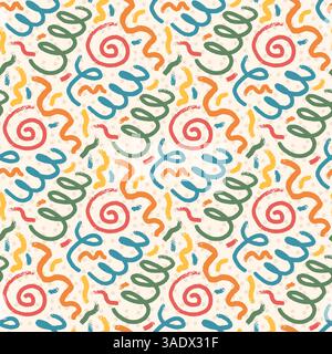 Modello perfetto per feste di compleanno. Linee a spirale sfondo geometrico per feste. Divertenti coriandoli ripetuti. Motivo festivo design pattern superficie Illustrazione Vettoriale