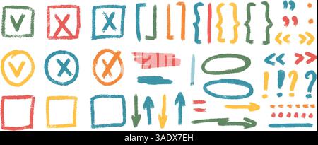 Segni di spunta, set di scarabocchi con freccia. Sottolineature, virgolette, parentesi e segni. Evidenzia l'enfasi della matita. Vettoriale disegnato a mano col Illustrazione Vettoriale