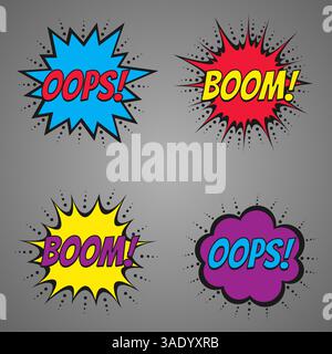 Collezione di nove effetti sonori comici multicolori Illustrazione Vettoriale