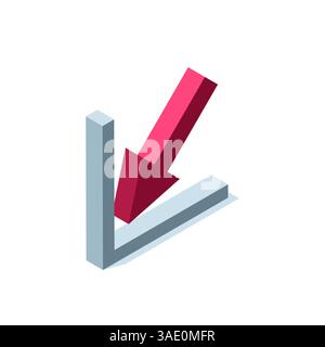 icona con la freccia isometrica verso il basso di colore rosso su sfondo bianco, calo finanziario e avanzamento negativo del business Illustrazione Vettoriale