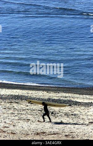 10 marzo 2002; San Onofre, CA, Stati Uniti; un surfista cammina lungo la costa di San Onofre State Beach portando con sé la sua tavola da surf, nella contea di Orange, California. (Immagine di credito: Ruaridh Stewart/ZUMAPRESS.com) Foto Stock