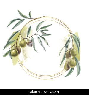 I rami di olive con frutti verdi su acquerello spruzzano una cornice rotonda dorata. Corona floreale disegnata a mano con elementi botanici estivi, cosmetici e sal Foto Stock