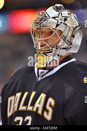 17 gennaio 2012. Il portiere di Dallas Kari Lehtonen (32) è in azione.durante una partita tra i Detroit Red Wings e i Dallas Stars all'American Airlines Center di Dallas, Texas..(immagine di credito: © Manny Flores/Cal Sport Media/ZUMAPRESS.com) Foto Stock