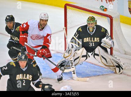 17 gennaio 2012. Il portiere dei Dallas Stars Richard Bachman (31) ottiene un salvataggio.durante una partita tra i Detroit Red Wings e i Dallas Stars all'American Airlines Center di Dallas, Texas..(immagine di credito: Â© Manny Flores/Cal Sport Media/ZUMAPRESS.com) Foto Stock