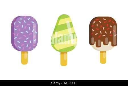 Set di icone piatte. Icona colorata. Dessert estivo con frutta fresca e dolce. Illustrazione Vettoriale