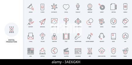 Set di icone per la produzione di contenuti digitali, il marketing, il copywriting, la linea di feedback. Pianificazione di articoli nel calendario, caricamento di dati nel cloud e video che ospitano simboli sottili in nero e rosso illustrazione vettoriale Illustrazione Vettoriale