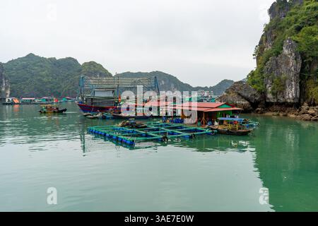 Una vivace vista di un villaggio di pescatori vietnamita mostra barche, strutture galleggianti e montagne verdeggianti circondate da acque turchesi. Foto Stock