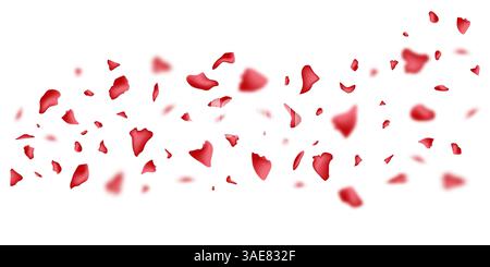Splendido design vettoriale con petali di rosa. Petali di rosa rossa cadenti coriandoli stagionali, elementi in fiore che volano isolati su sfondo bianco. Illustrazione Vettoriale