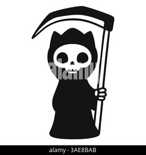 Carino personaggio della morte del gatto con la falce. Semplice disegno in bianco e nero. Cartoon Grim Reaper con cranio di gattino, illustrazione isolata della clipart vettoriale. Illustrazione Vettoriale