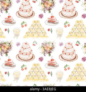 Motivo acquerello senza cuciture con torte, scivolo di champagne e dolcetti. Perfetto per l'imballaggio di regali di compleanno, l'arredamento da caffè o un pacchetto di dessert fatti in casa Foto Stock