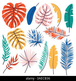 Set di foglie tropicali vettoriali disegnate a mano. Fogliame floreale, ramo di palma, foglie della giungla Illustrazione Vettoriale