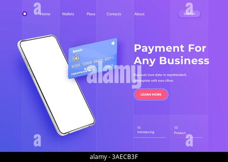 Smartphone Vectpr bianco realistico e carta di credito in plastica. telefono cellulare 3d con schermo bianco vuoto e carta di credito con chip. Pagina di destinazione della carta di credito o Illustrazione Vettoriale