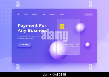Concetto di Glassmorfismo. Carta bancaria vettoriale effetto vetro. Pagina di destinazione della carta di credito. Progettazione Web per il settore bancario Illustrazione Vettoriale