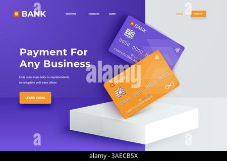 Carte bancarie su un podio bianco quadrato. Carte di credito realistiche per finanza, banca o shopping. Carte di plastica scontate. Schede modello vettoriale per fi Illustrazione Vettoriale