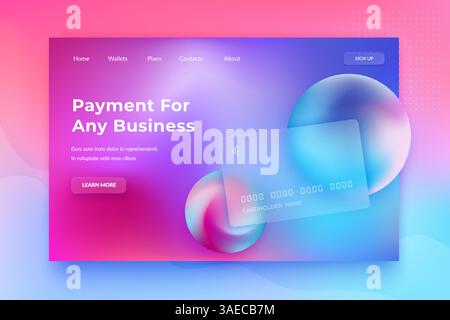 Concetto di Glassmorfismo. Carta bancaria effetto vetro. Pagina di destinazione della carta di credito su sfondo vettoriale sfumato. Web design bancario con vibra alla moda Illustrazione Vettoriale