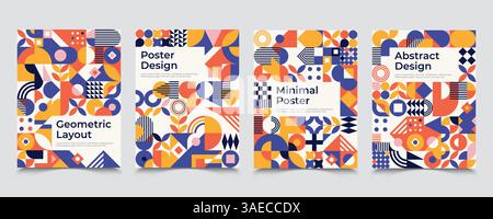 Quattro poster ispirati al bauhaus con figure quadrate, ombre e testo. Brochure astratte dallo stile minimal e moderno. Poster retrò astratti con cifre di base temp Illustrazione Vettoriale