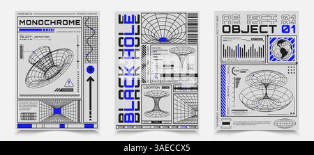 Poster con elementi HUD, griglia prospettica, elementi di design futuristici, grafico, buco nero e modello di pianeta. Banner astratto con struttura a reticolo 3D figu Illustrazione Vettoriale