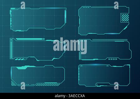Telai HUD futuristici. Elementi dell'interfaccia utente, pannello di controllo del puntamento del bordo. Schermo high tech finestra ologramma digitale, banner fantascientifici vuoti per testo, uomo Illustrazione Vettoriale