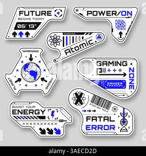 Adesivi geometrici sci Fi. Forme futuristiche in forme diverse. Distintivi in stile cyberpunk con divertenti iscrizioni elementi HUD moderni. Design alla moda Illustrazione Vettoriale