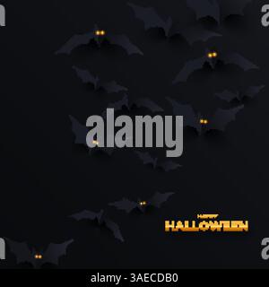 Pipistrelli neri con occhi luminosi su sfondo nero. Banner per Halloween. Gregge volante di pipistrelli tagliati di carta. Sfondo monocromatico Illustrazione Vettoriale