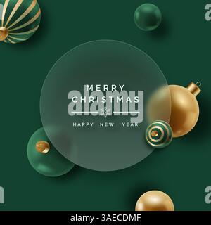 Decorazioni natalizie realistiche con palline natalizie su sfondo verde scuro. Concetto natalizio con effetto glassmorfismo. Carta vettoriale per l'anno nuovo Illustrazione Vettoriale