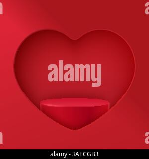 Podio rosso con cornice a forma di cuore. Scenografia vettoriale mockup della piattaforma di forma geometrica. Sfondo festoso con una scena realistica e un buco nella forma Illustrazione Vettoriale