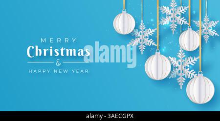 Fiocchi di neve 3d tagliati con carta natalizia e palle con ombre su sfondo blu. Vettore di progettazione minimo. Biglietto di Capodanno e Natale, poster o banner Illustrazione Vettoriale