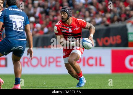 Tolosa, Francia. 6 aprile 2025. Pita Ahki di Tolosa durante la Champions Cup, round di 16 partite di rugby a 15 tra Stade Toulousain e sale Sharks il 6 aprile 2025 allo Stadio di Tolosa, Francia - foto Nathan Barange/DPPI Credit: DPPI Media/Alamy Live News Foto Stock