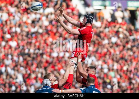 Tolosa, Francia. 6 aprile 2025. Thibaut Flament di Tolosa durante la Champions Cup, round di 16 partite di rugby a 15 tra Stade Toulousain e sale Sharks il 6 aprile 2025 allo Stadio di Tolosa, Francia - foto Nathan Barange/DPPI Credit: DPPI Media/Alamy Live News Foto Stock
