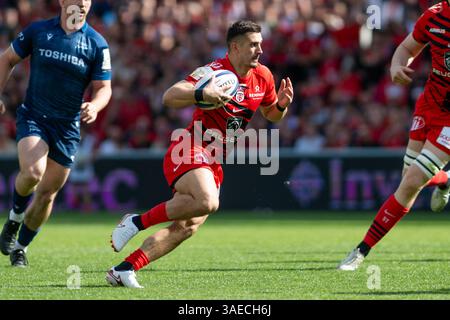 Tolosa, Francia. 6 aprile 2025. Thomas Ramos di Tolosa durante la Champions Cup, round di 16 partite di rugby tra Stade Toulousain e sale Sharks il 6 aprile 2025 allo Stadio di Tolosa, Francia - foto Nathan Barange/DPPI Credit: DPPI Media/Alamy Live News Foto Stock
