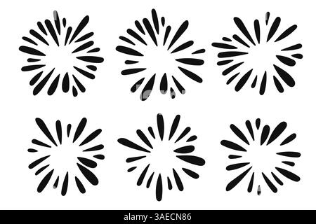 Una collezione di illustrazioni di fuochi d'artificio silhouette in stile art black line. Questo set d'ispirazione vintage presenta raffiche divertenti e dinamiche, perfette per Illustrazione Vettoriale