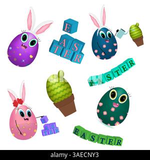 Scenografia colorata a tema pasquale con personaggi antropomorfi: Uova di Pasqua decorate per bambini con orecchie da coniglio, espressioni giocose Illustrazione Vettoriale