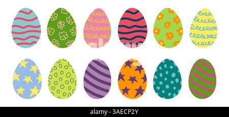 Un set di dodici uova di Pasqua vivaci con motivi unici, tra cui strisce, stelle, fiori e disegni astratti. Raccolta delle uova. Perfetto per la stagione Illustrazione Vettoriale